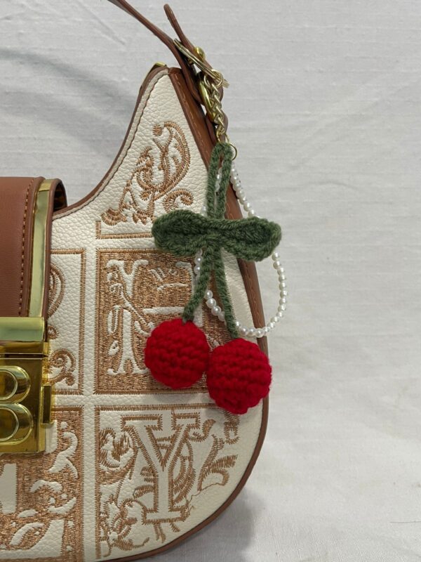 Handmade Crochet Cherry Keychain Charm – Red & Green with Pearl Accent