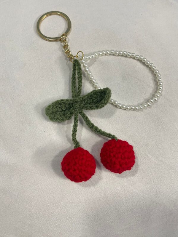 Handmade Crochet Cherry Keychain Charm – Red & Green with Pearl Accent
