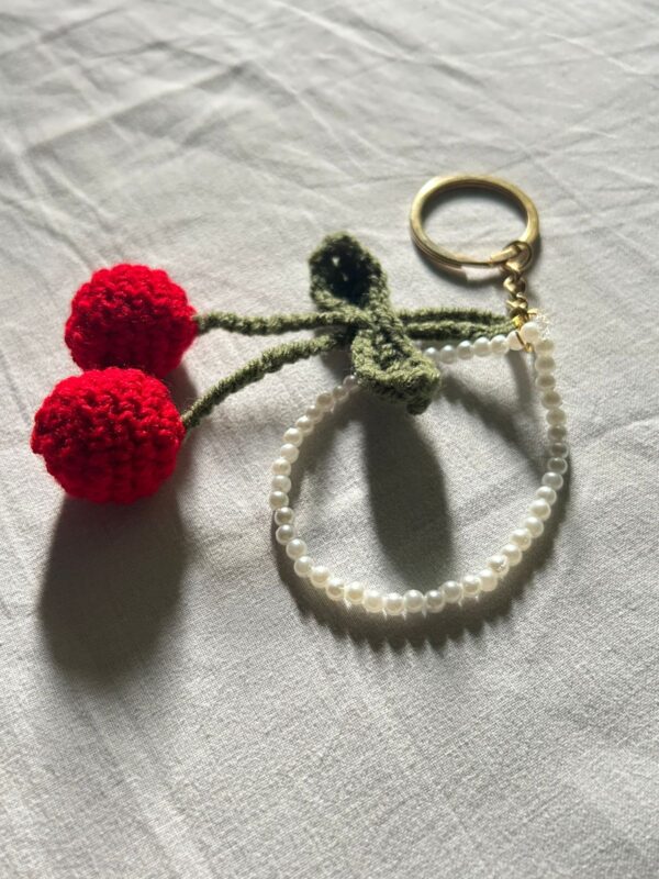 Handmade Crochet Cherry Keychain Charm – Red & Green with Pearl Accent
