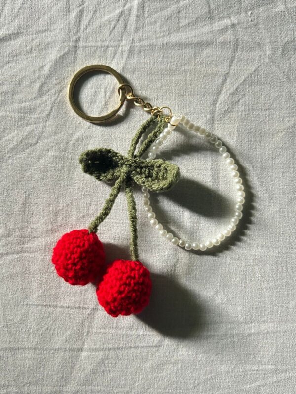 Handmade Crochet Cherry Keychain Charm – Red & Green with Pearl Accent