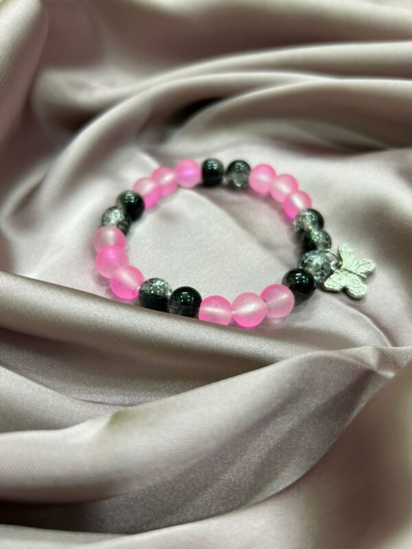 🌸🦋 Frosted Pink & Obsidian Butterfly Bracelet