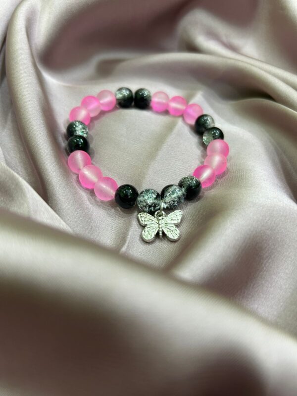 🌸🦋 Frosted Pink & Obsidian Butterfly Bracelet