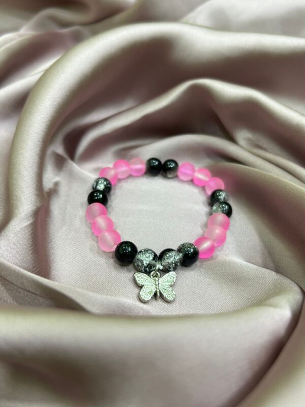 🌸🦋 Frosted Pink & Obsidian Butterfly Bracelet