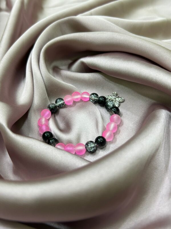 🌸🦋 Frosted Pink & Obsidian Butterfly Bracelet