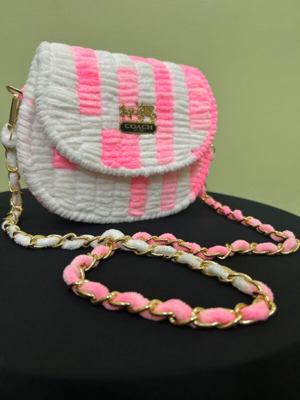 💖 Handmade Woolen Striped Sling Bag – Pink & White Bliss by Coach