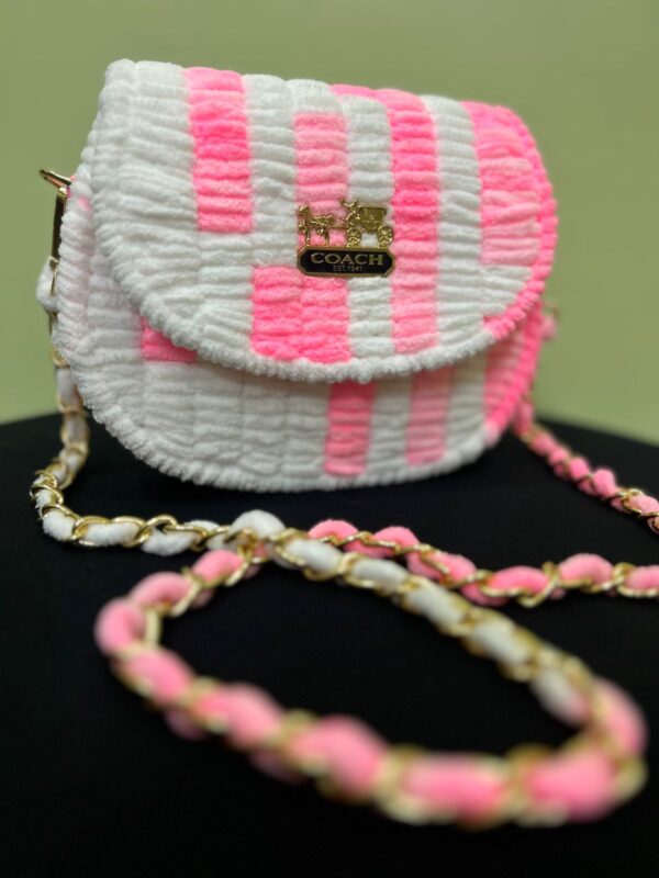 💖 Handmade Woolen Striped Sling Bag – Pink & White Bliss by Coach