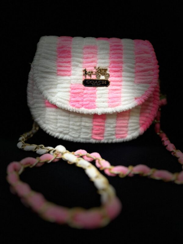 💖 Handmade Woolen Striped Sling Bag – Pink & White Bliss by Coach