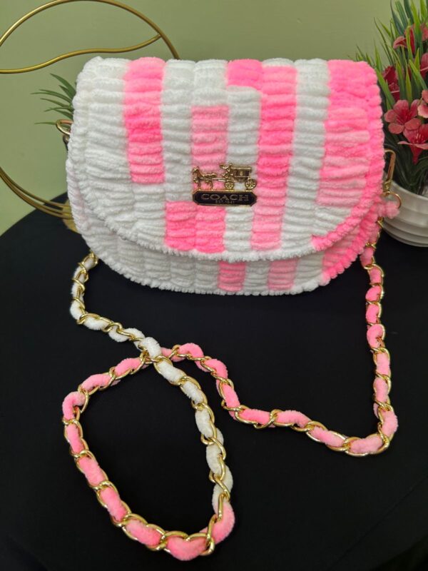 💖 Handmade Woolen Striped Sling Bag – Pink & White Bliss by Coach