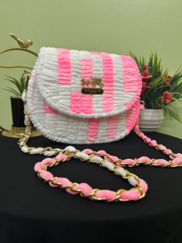 💖 Handmade Woolen Striped Sling Bag – Pink & White Bliss by Coach