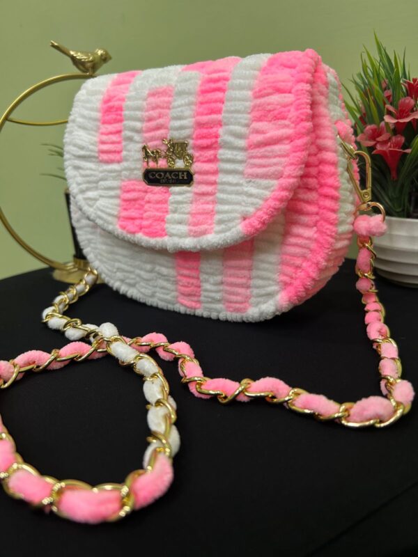 💖 Handmade Woolen Striped Sling Bag – Pink & White Bliss by Coach