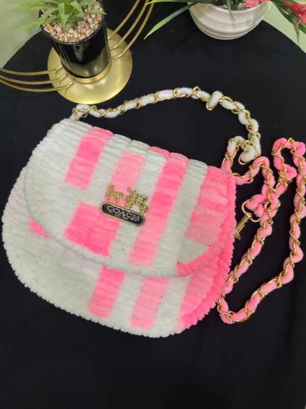 💖 Handmade Woolen Striped Sling Bag – Pink & White Bliss by Coach