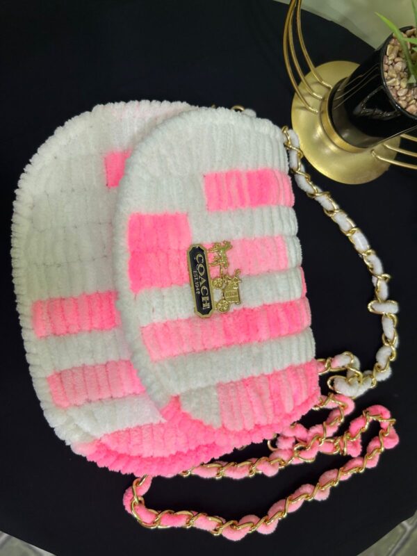 💖 Handmade Woolen Striped Sling Bag – Pink & White Bliss by Coach
