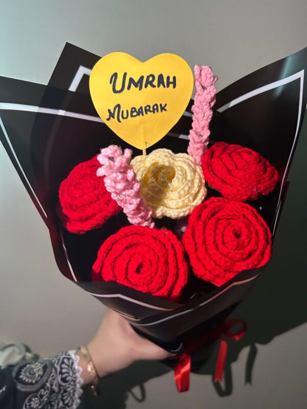 Hand-Crocheted Red and Cream Rose Bouquet