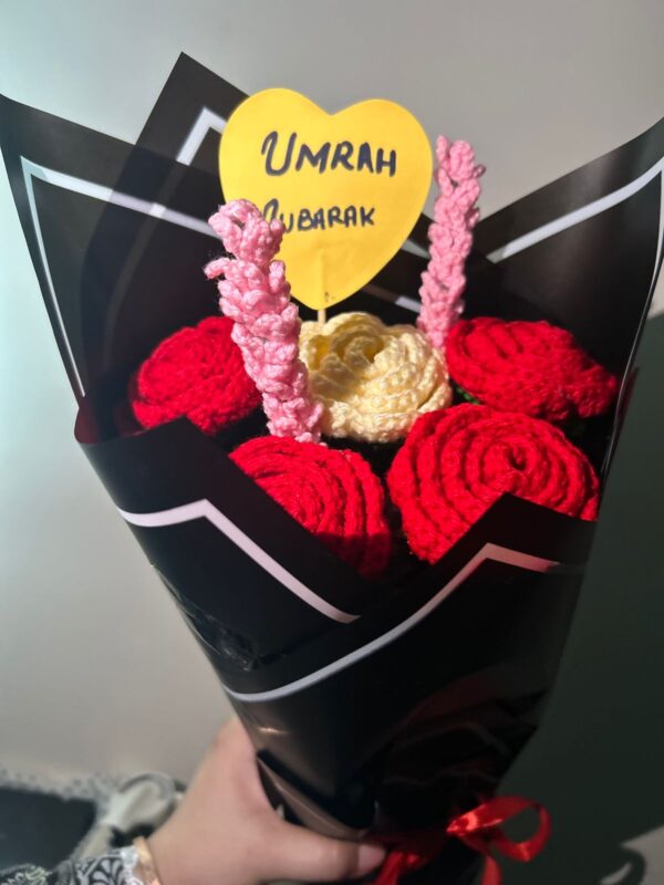 Hand-Crocheted Red and Cream Rose Bouquet